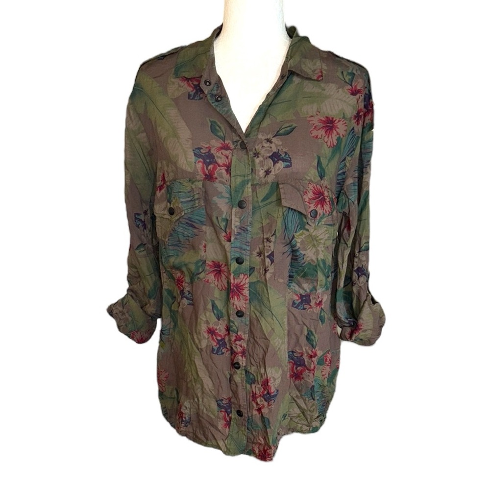 Sanctuary Anthropologie Olive Green Floral Print Snap Button Down Shirt - S